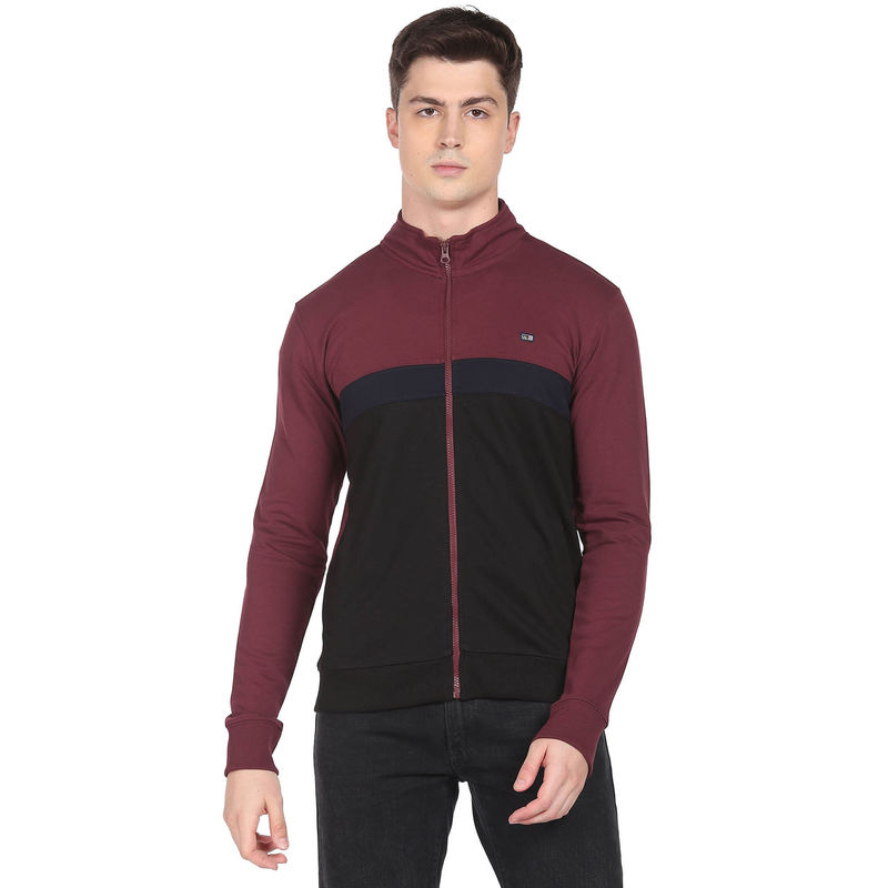 Arrow Sports Men Red and Black High Neck Colour Block Sweatshirt (S)