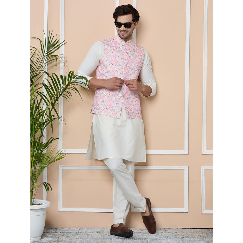 Babyhug Cambric Woven Full Sleeves Kurta Pyjama Set & Geometric Printed  Nehru Jacket  - Navy Blue