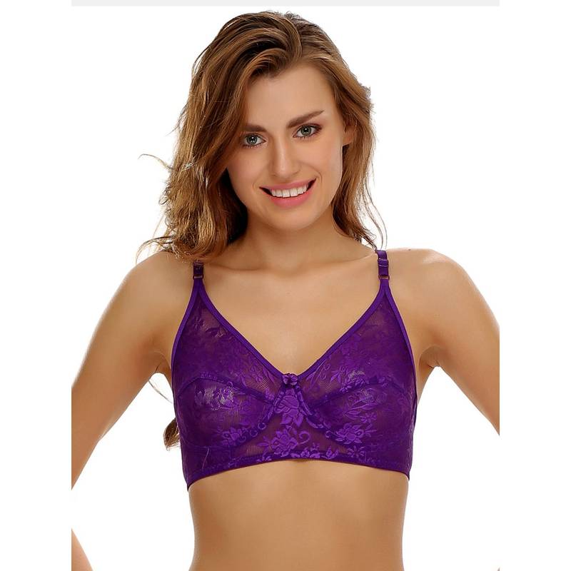 Clovia Lace Solid Non-Padded Full Cup Wire Free Everyday Bra - Light Purple (32C)
