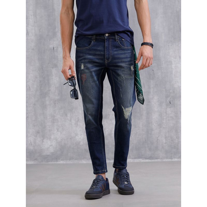 WROGN Blue Solid Skinny Crop Distressed Jeans (34)