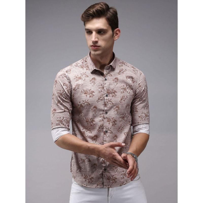SHOWOFF Men Brown Collar Neck Conversational Comfort Fit Shirt (L)