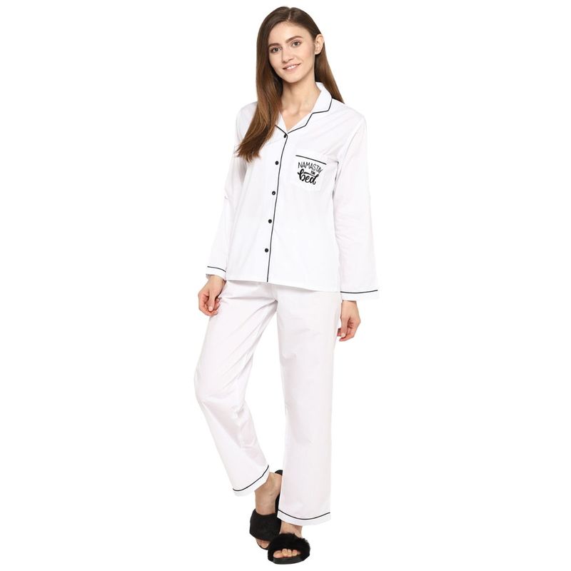 Shopbloom Namastay in Bed Long Sleeve Women's Night Suit - White (S)