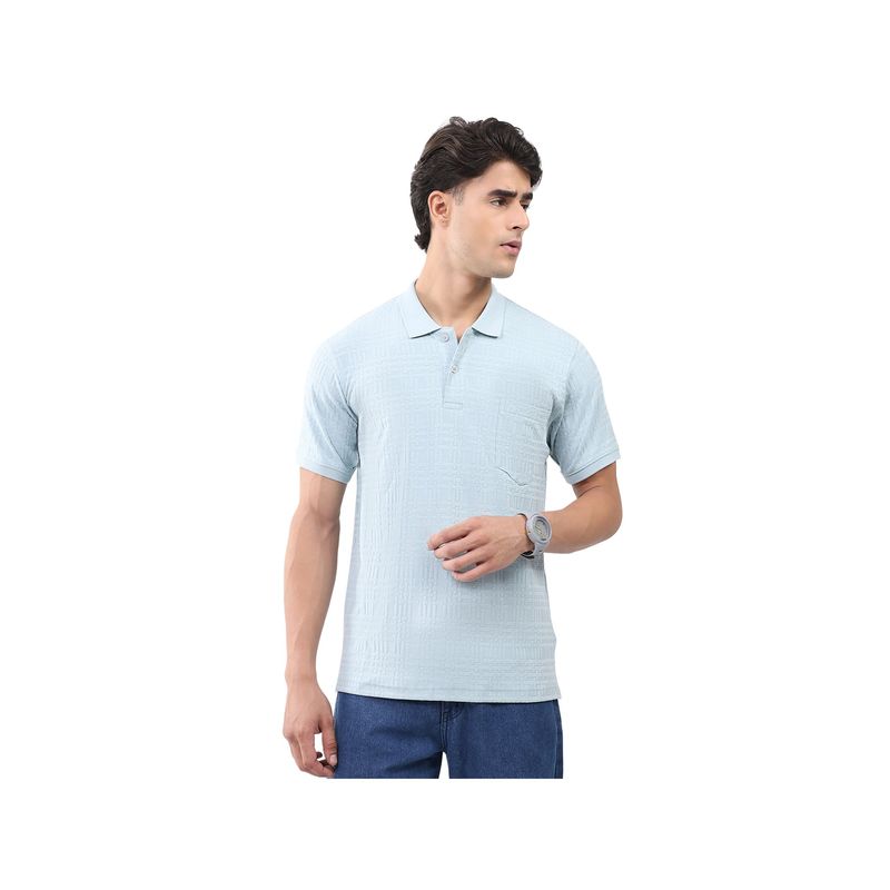 Monte Carlo Blue Cotton Blend Textured Half Sleeves Polo T-Shirt (M)