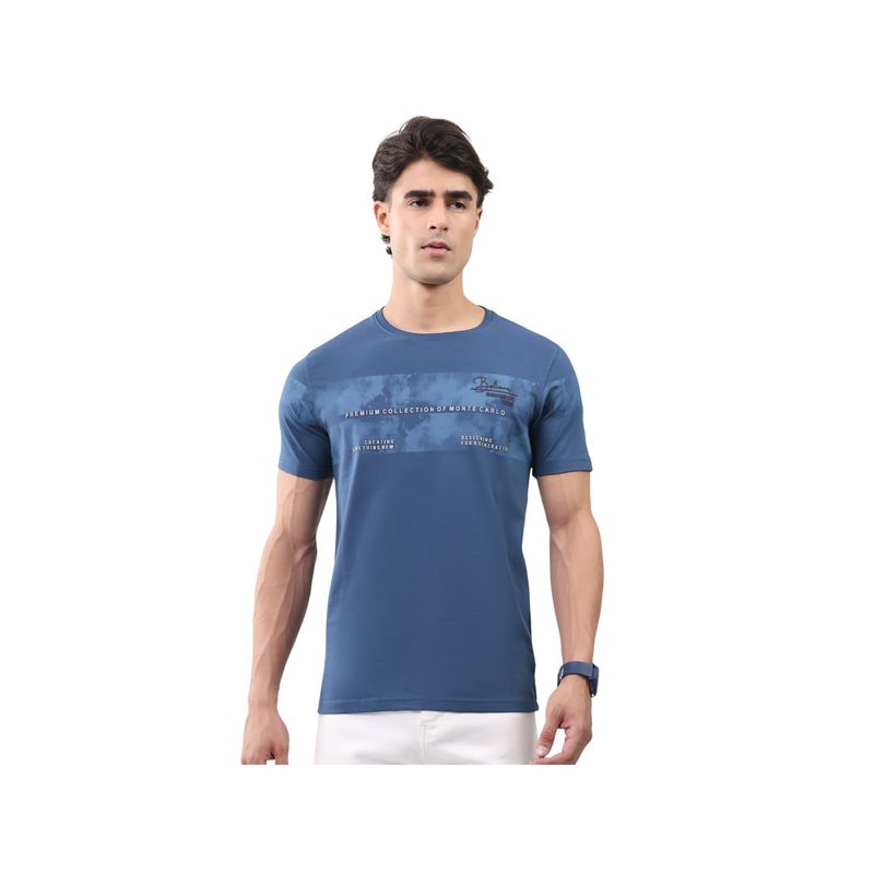 Monte Carlo Blue Cotton Lycra Graphic Half Sleeves T-Shirt (M)