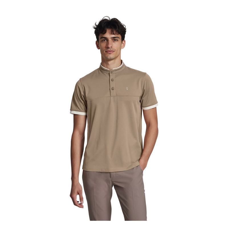 OUTERWORLD Beige Solid Mandarin Neck Men's T-Shirt (M)