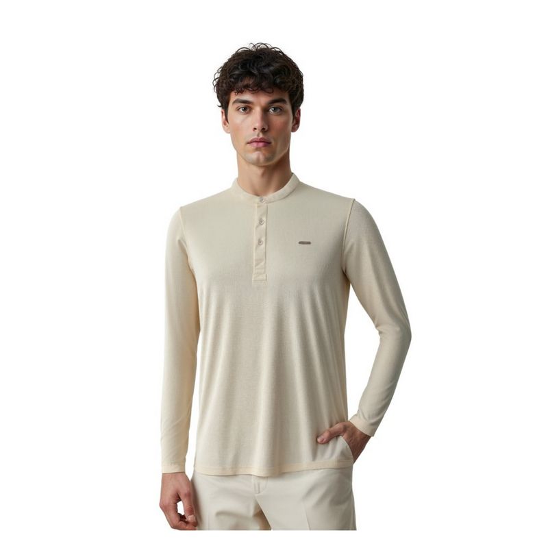 OUTERWORLD Off White Solid Mandarin Neck Men's T-Shirt (2XL)