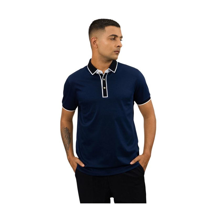 OUTERWORLD Navy Blue Solid Collar Neck Men's Polo T-Shirt (L)