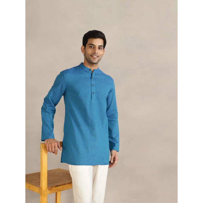 Fabindia Blue Cotton Dobby Short Kurta (L)