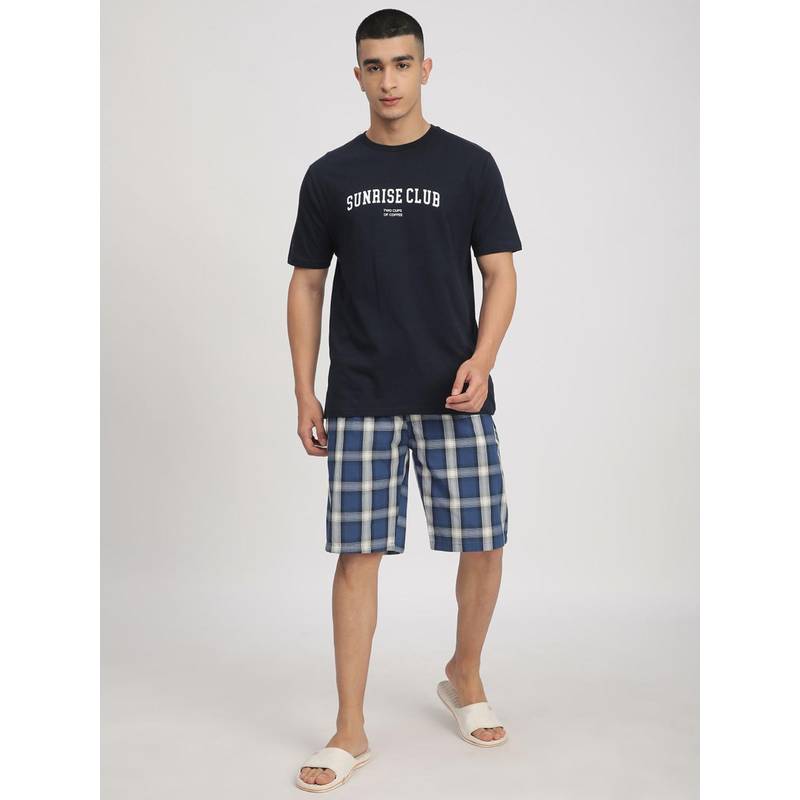 R&B Blue Men Printed Half Sleeves Night Suit (S)