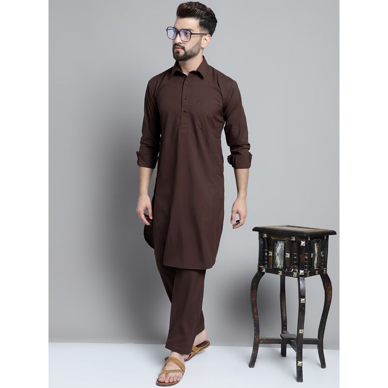 Jompers Men Coffee Brown Cotton Solid Pathani Kurta with Salwar (L)