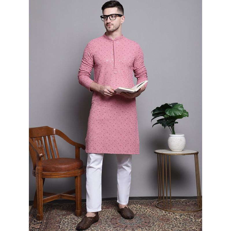 Jompers Men Pink Pure Cotton Embroidered and Sequined Kurta with Pyjama (S)