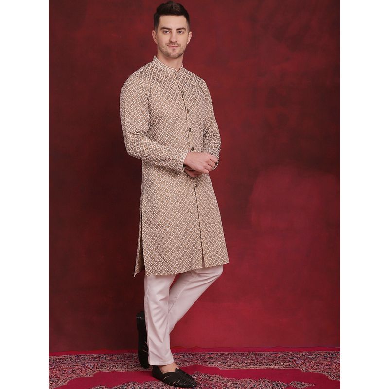 Jompers Men Light Brown Embroidered Sequined Kurta with Pyjama (S)