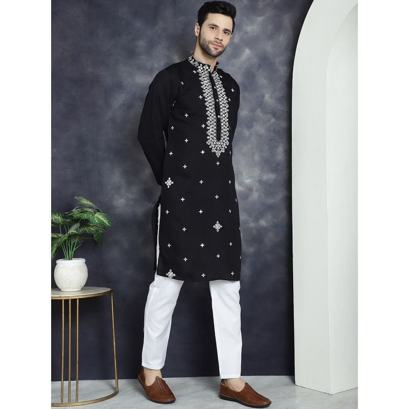 Jompers Men Black Embroidered Mirror Work Kurta with Pyjama (XL)