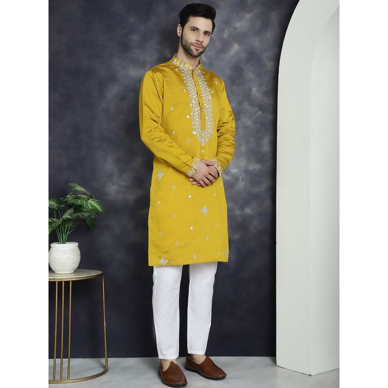 Jompers Men Yellow Embroidered Mirror Work Kurta with Pyjama (M)
