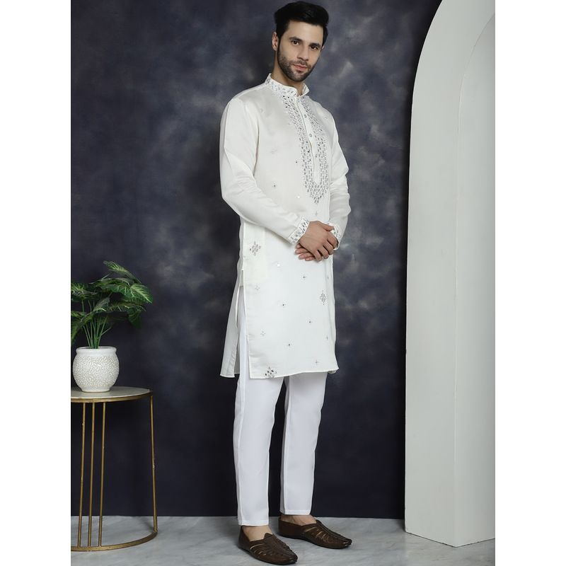 Jompers Men White Embroidered Mirror Work Kurta with Pyjama (S)