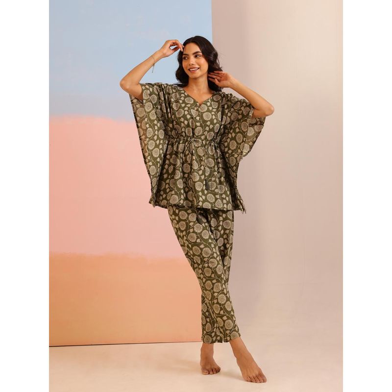 SAY Olive V-Neck Pure Cotton Floral Printed Night Suit for Women (Set of 2) (S)