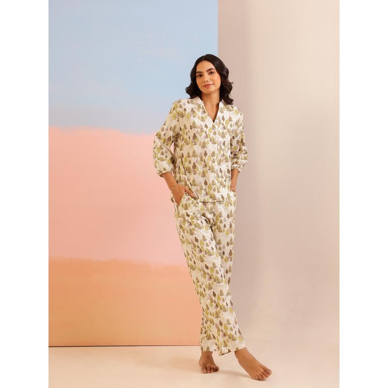 SAY Cream Color Tropical Printed Pure Cotton Night Suit (Set of 2) (XL)