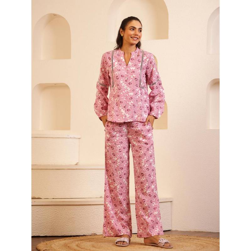 SANSKRUTIHOMES Pink Color Floral Printed Viscose Rayon Night Suit (Set of 2) (XS)