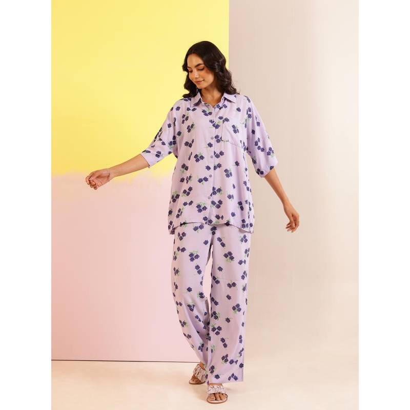 SANSKRUTIHOMES Lavender Color Floral Printed Viscose Rayon Night Suit (Set of 2) (XS)