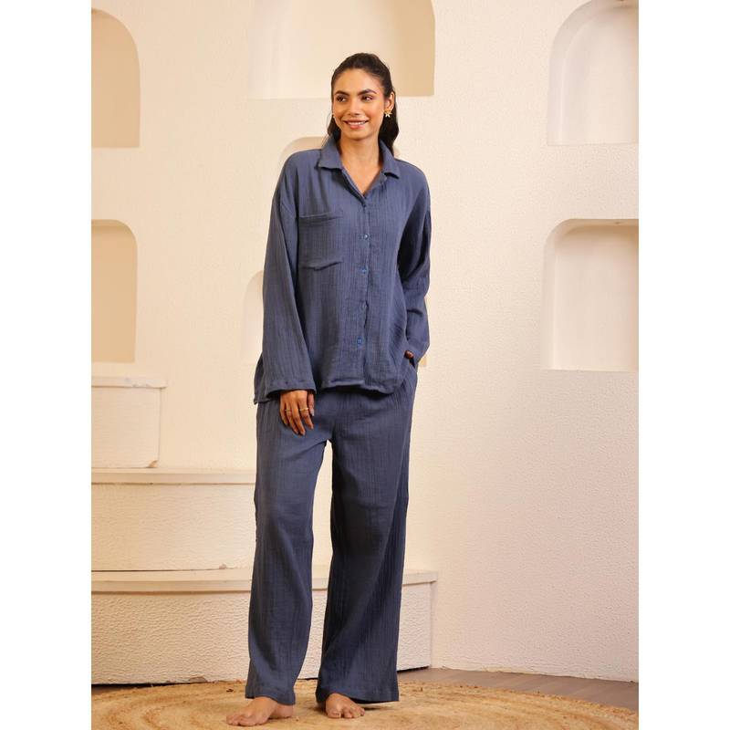 SANSKRUTIHOMES Navy Blue Lapel Collar Pure Cotton Solid Night Suit for Women (Set of 2) (M)
