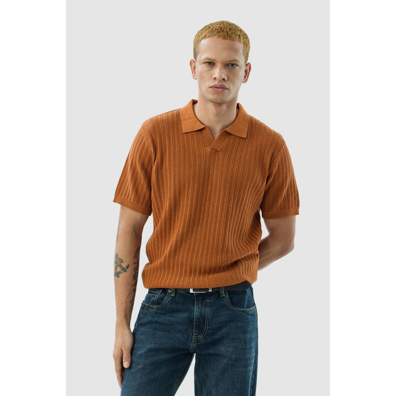 Snitch Brown Textured Half Sleeves Slim Casual Polo T-Shirt (XL)