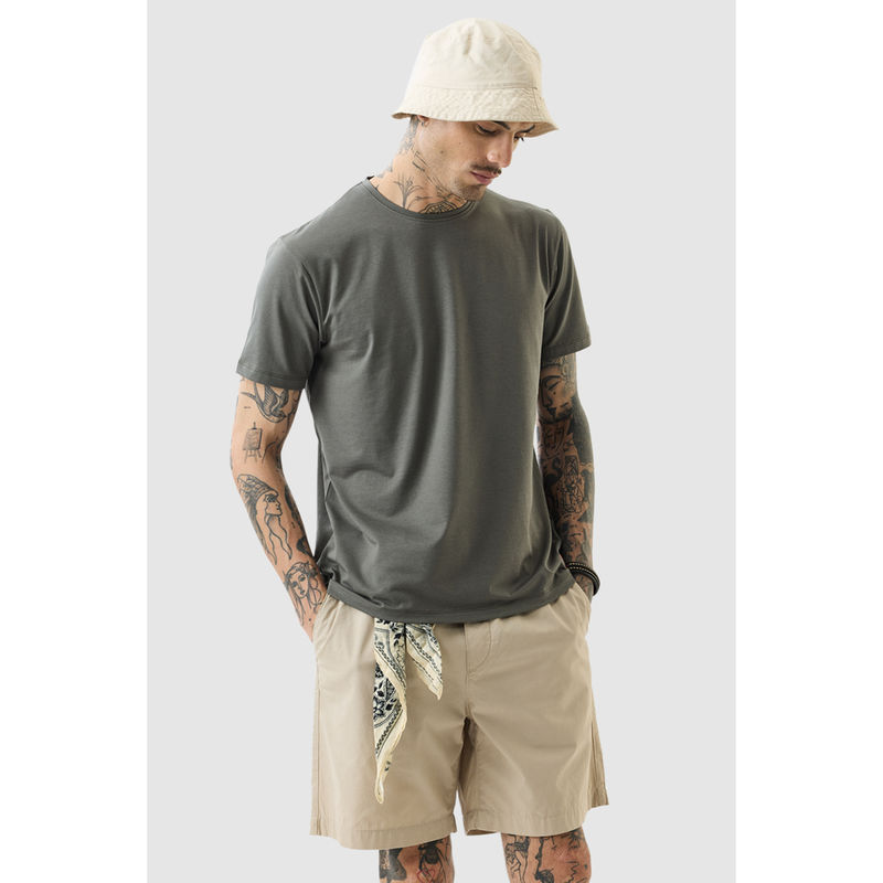 Snitch Grey Solid Half Sleeves Slim Casual T-Shirt (S)