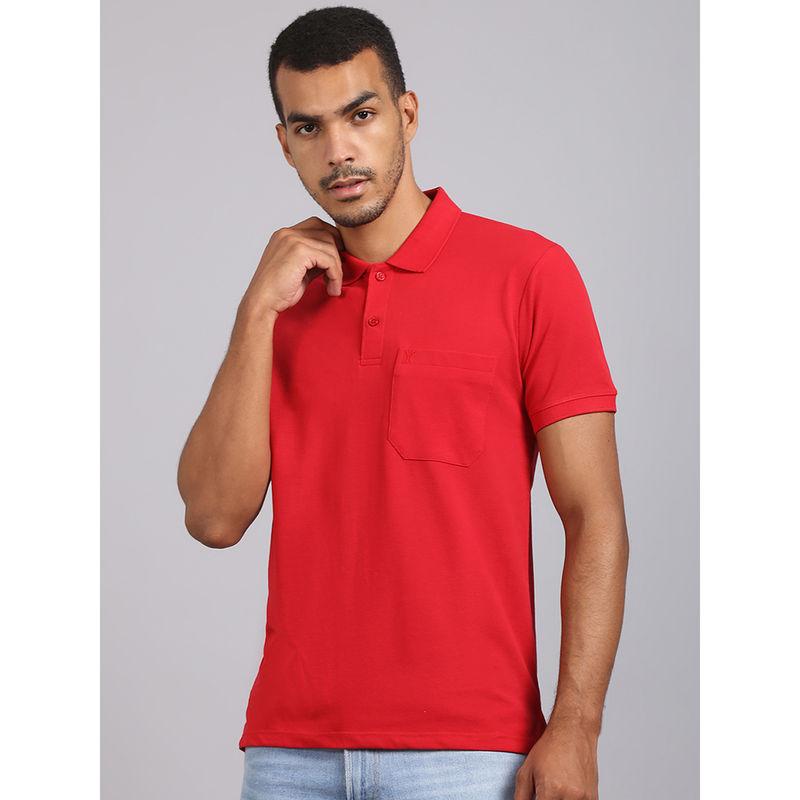 VENITIAN Men Solid Polo Neck Red Cotton T-Shirt With Pocket (M)