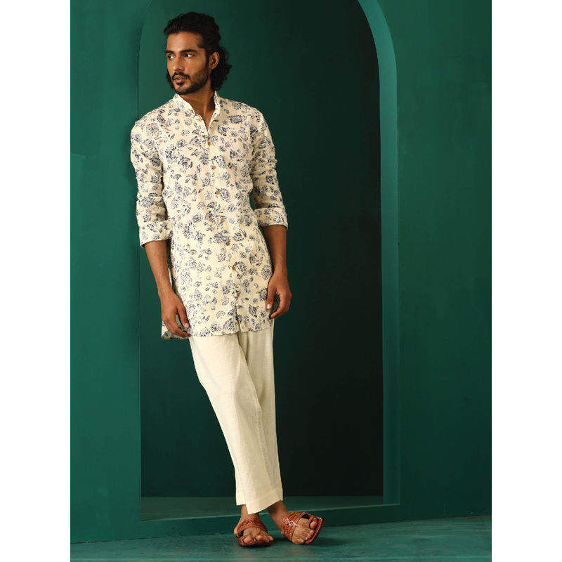 trueBrowns Men's Ivory Floral Kurta with Pant (Set of 2) (XS)