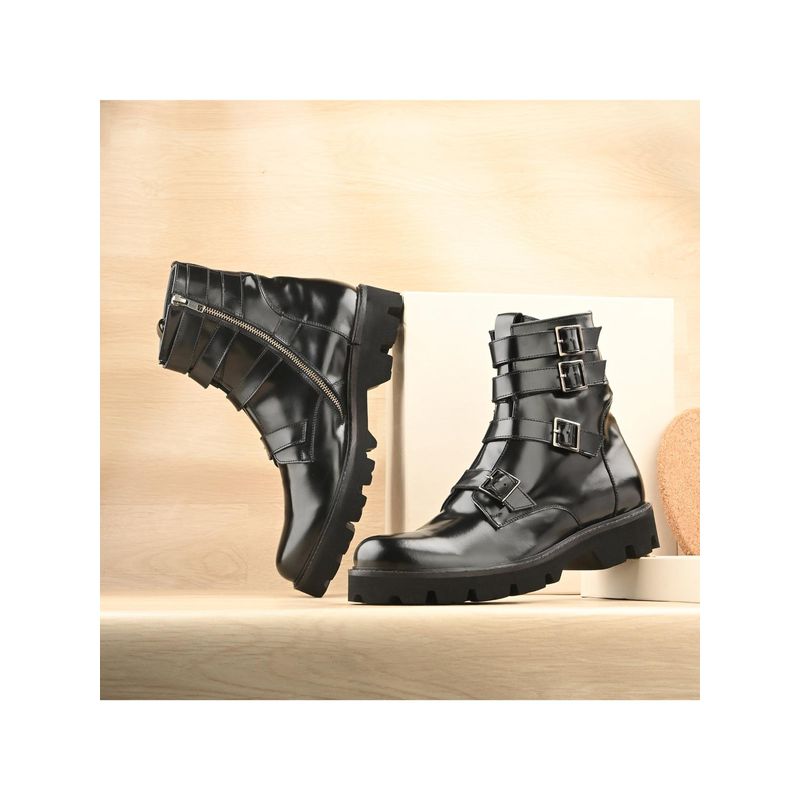 Mille Dollari Men Black Leather Buckle Boots (UK 5)