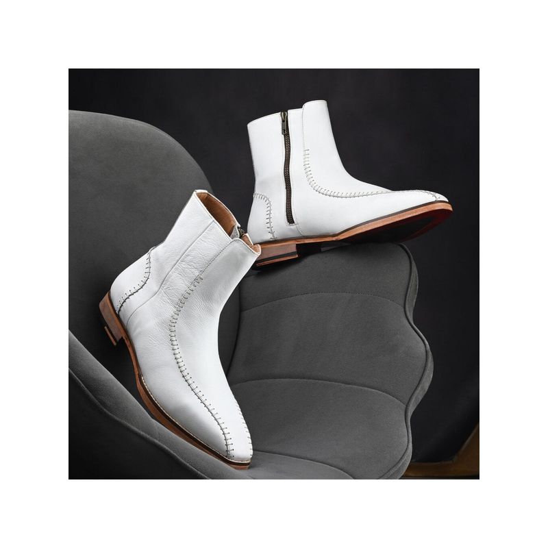 Mille Dollari Men White Genuine Leather Casual Boots with Artisan Stitching (UK 6)