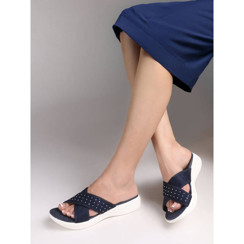 Carlton London Women Navy Blue Casual Crisscross Slide Sandals (EURO 38)