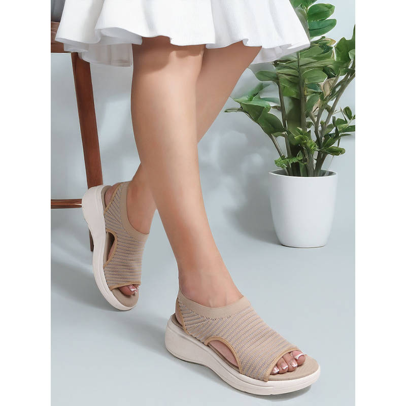 Carlton London Women Beige Knitted Slip-On Wedge Sandals (EURO 37)