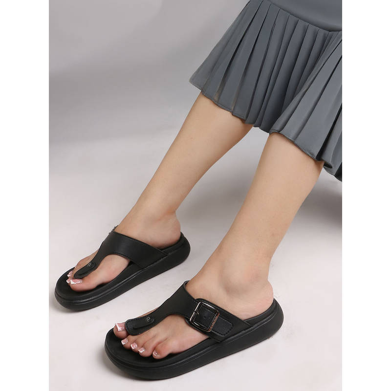 Carlton London Women Black Buckled Thong Strap Comfort Sandals (EURO 38)