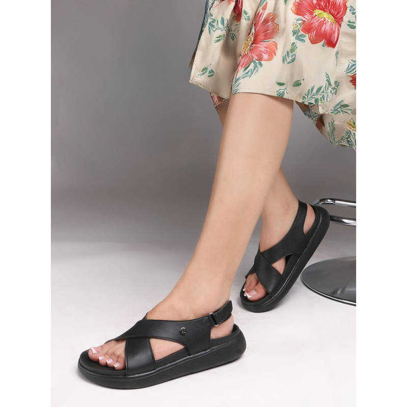 Carlton London Women Black Crisscross Strap Comfort Sandals with Back Closure (EURO 36)