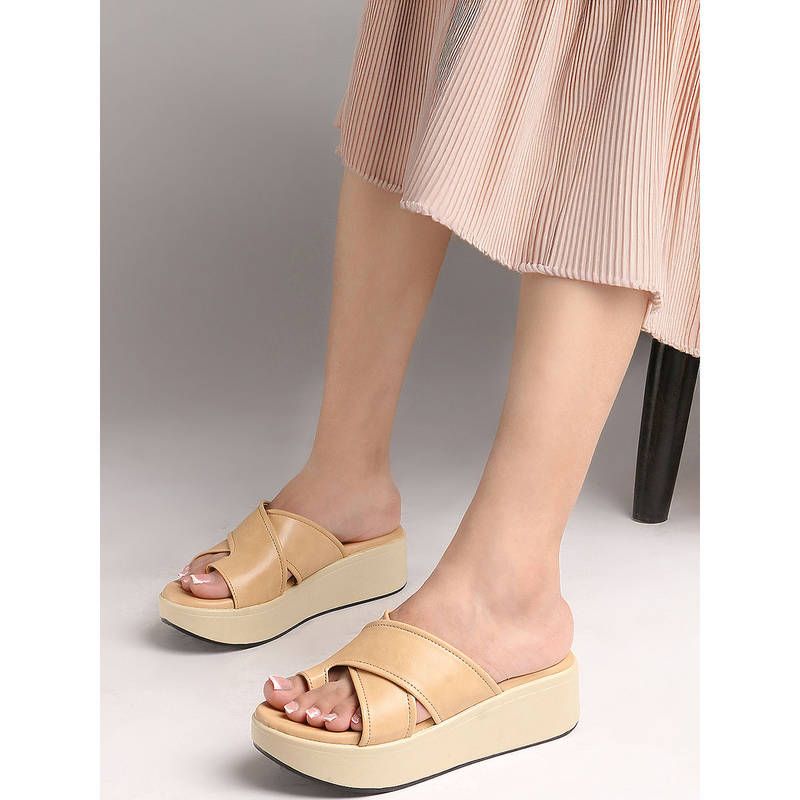 Carlton London Women Beige Toe-Ring Crisscross Platform Sandals (EURO 36)