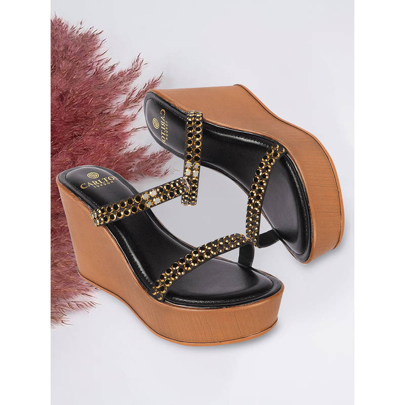 Carlton London Women Black Metallic Embellished Wedge Heels (EURO 37)