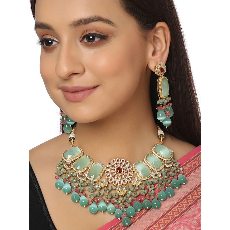 VIRAASI Gold Plated Mint Green Kundan Bridal Necklace with Earrings