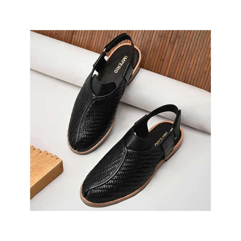 Imperio Black Men Formal Woven Leather Slip On Sandals (UK 6)