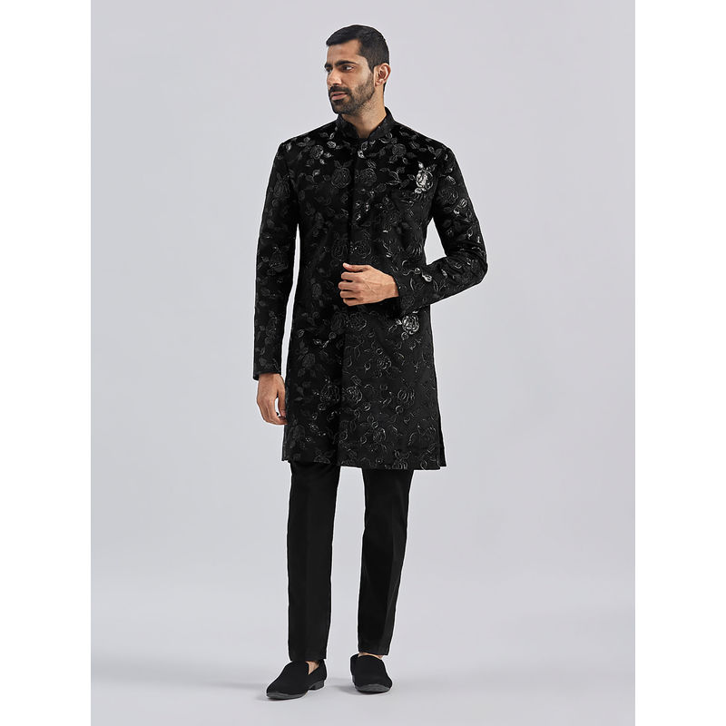Vastramay Mens Black Velvet Embroidered Sequined Sherwani with Pant (Set of 2) (M)