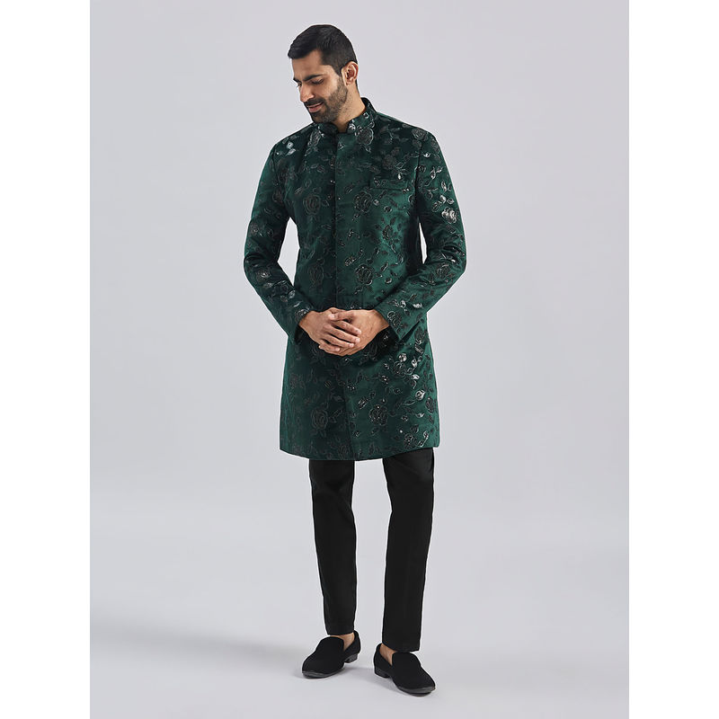 Vastramay Mens Bottle Green Velvet Embroidered Sequined Sherwani with Pant (Set of 2) (L)