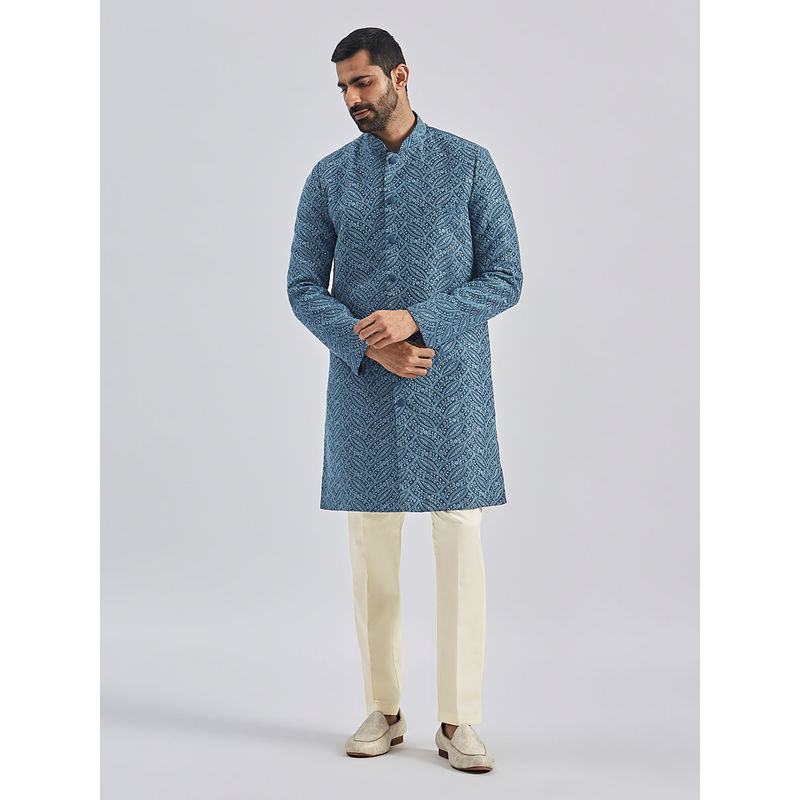 Vastramay Mens Blue Silk Blend Embroidered Sherwani with Pant (Set of 2) (S)