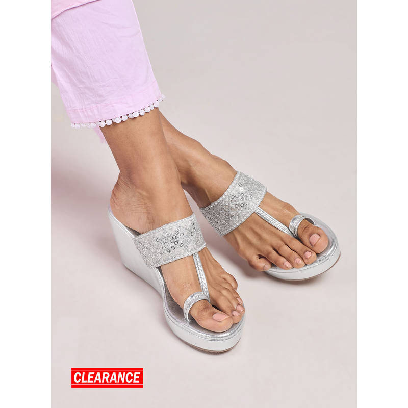 Azai by Nykaa Fashion Silver Metallic Sequin Lace Kolhapuri Festive Wedges (EURO 40)