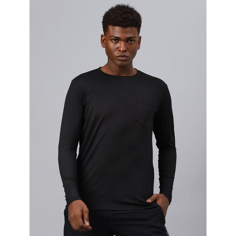 Fitkin Men Black Raw Edge Neck Style Long Sleeves T-Shirt (S)