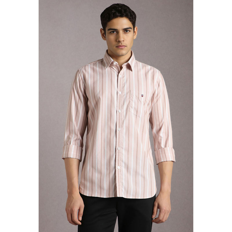Louis Philippe Men Beige Stripes Full Sleeves Casual Shirt (42)