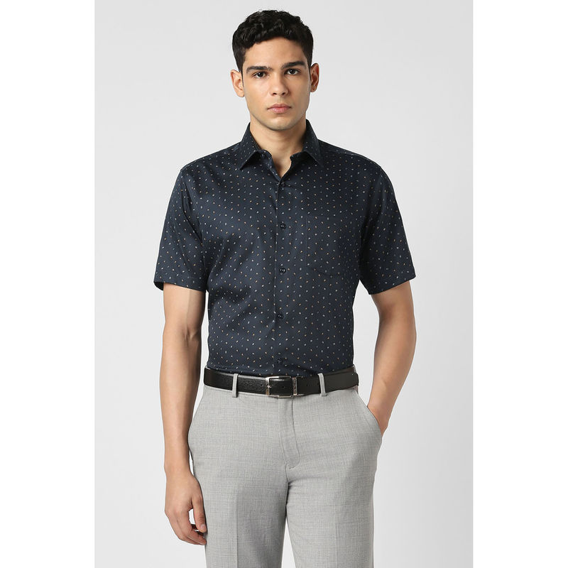 Van Heusen Men Dark Navy Blue Print Half Sleeves Shirt (42)
