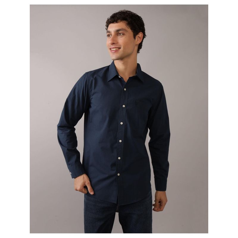 American Eagle Men Navy Blue Solid Full Sleeves Shirt (L)
