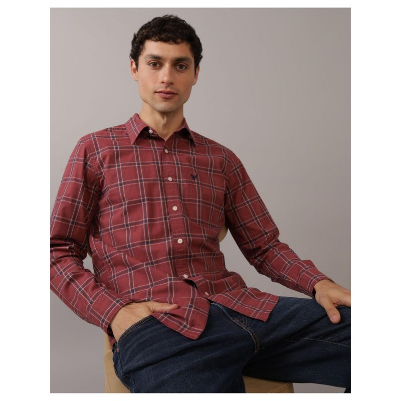 American Eagle Men Maroon Checks Full Sleeves Shirt (XS)