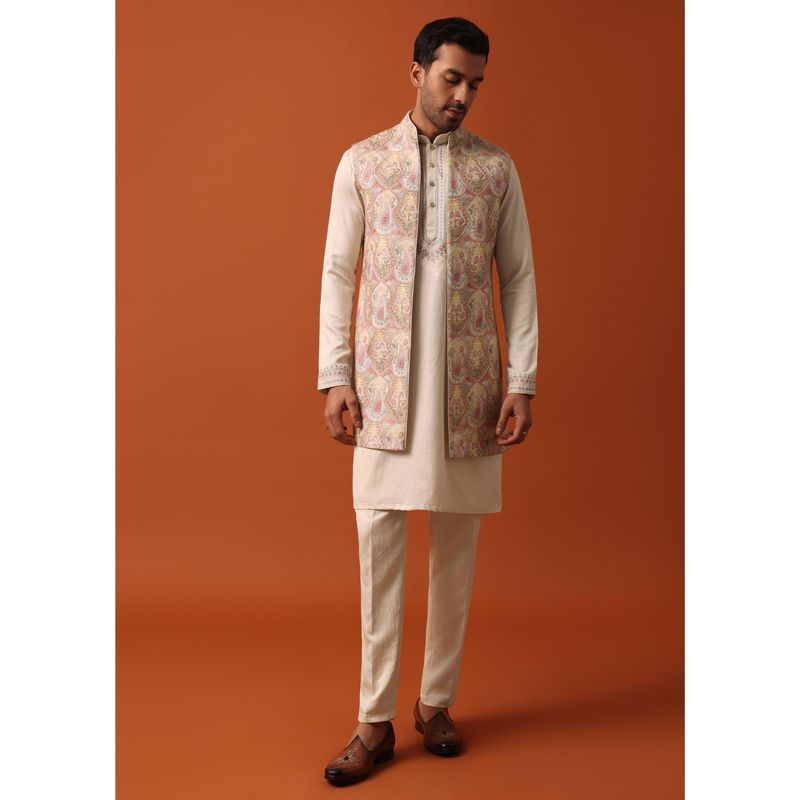 KALKI FASHION Elegant Beige Exquisite Embroidered Jacket Kurta (Set of 3) (XL)