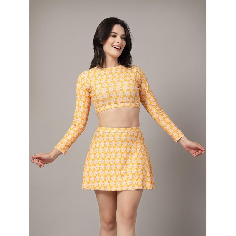 Cukoo Padded Yellow Floral Skirtini Swimwear (Set of 2) (M)