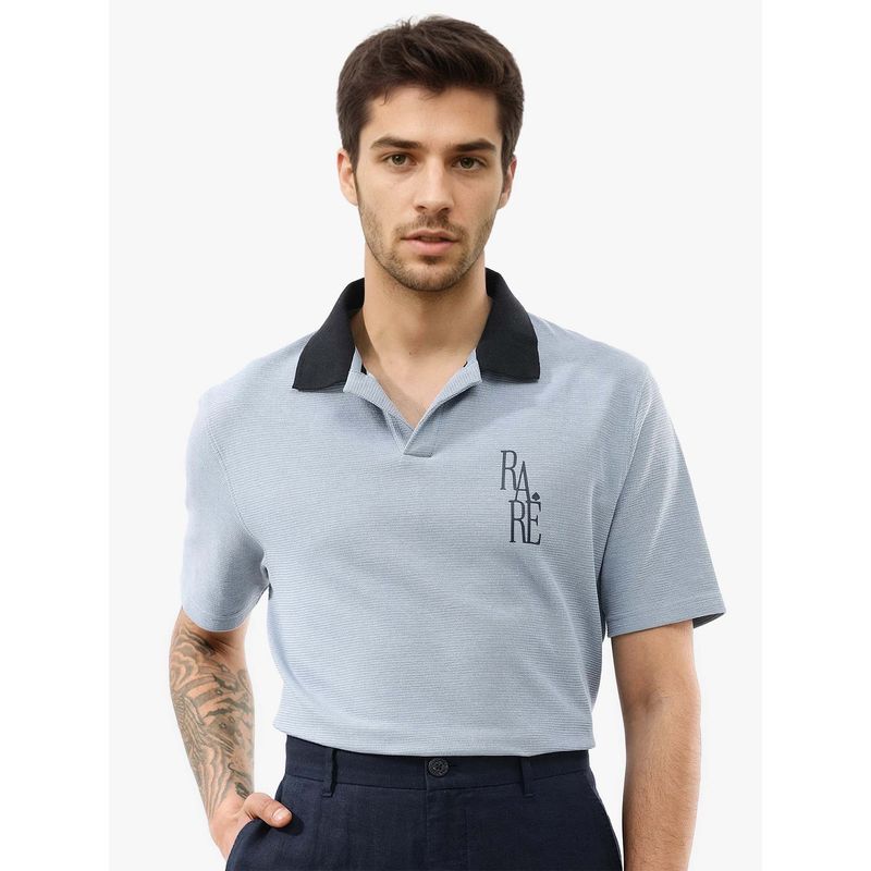 Rare Rabbit Amber Dusky Blue Solid Relaxed Fit Polo T-shirt (L)